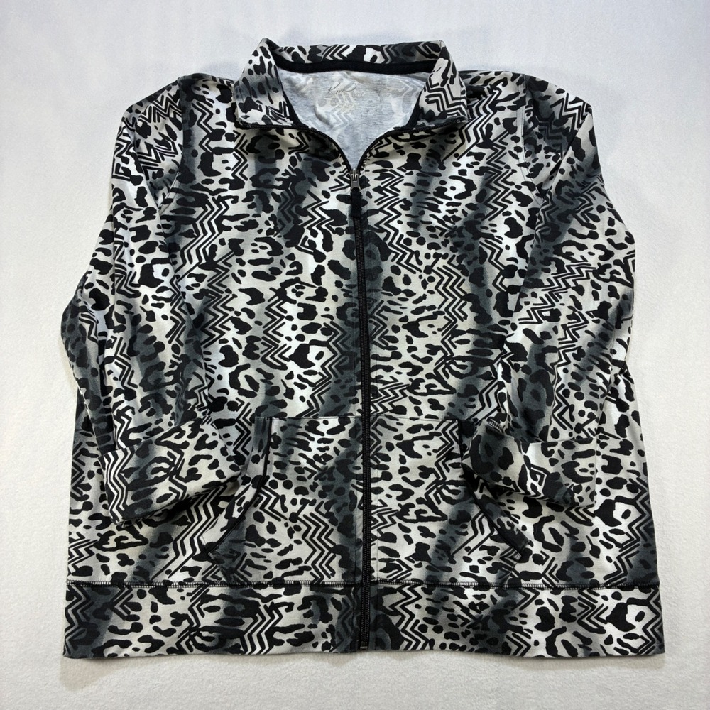 Kim Rogers Leopard Chevron Zip Up Track Jacket Womens Large Gray Black White